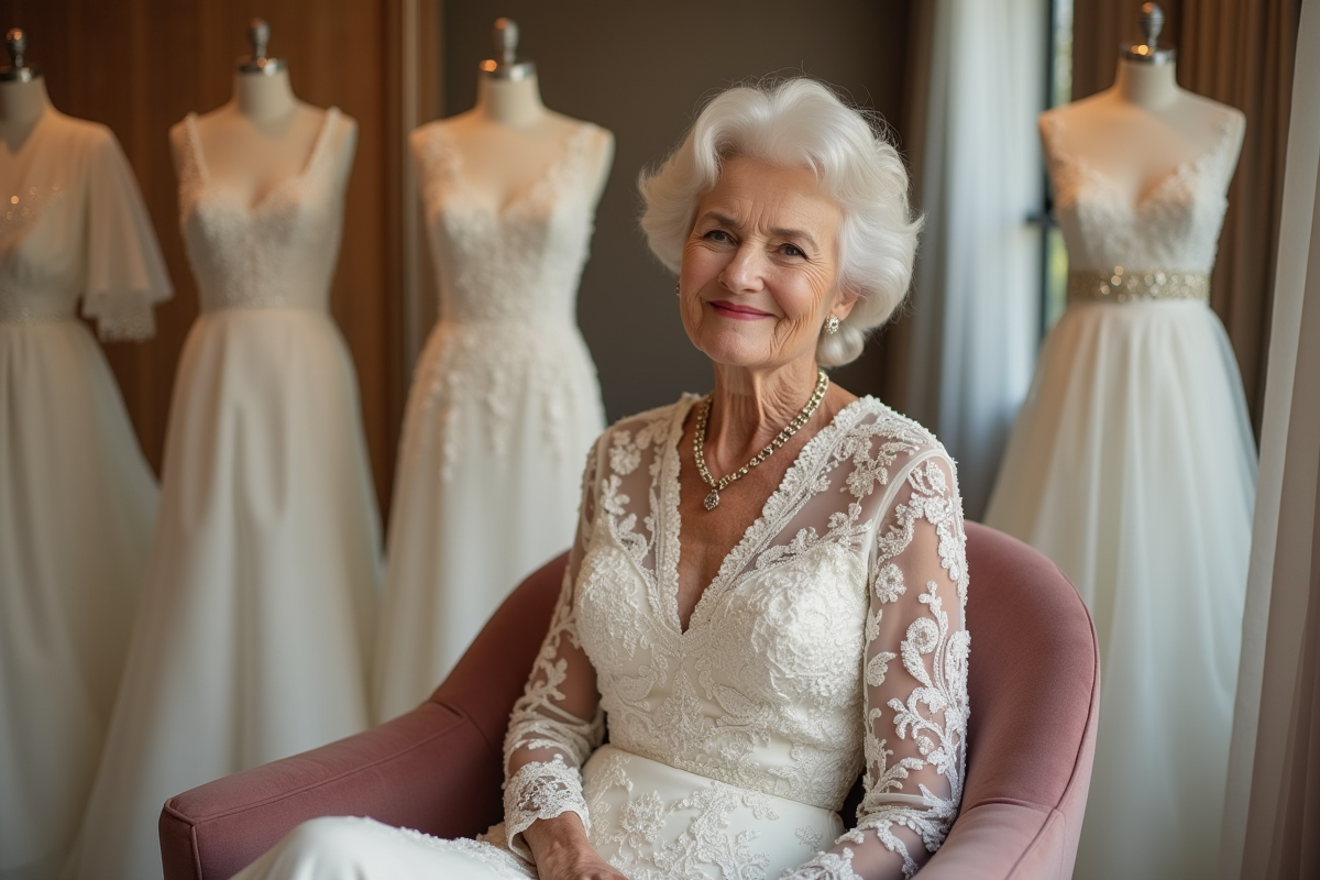 Femme de 70 ans essayant différentes robes de mariage dans une boutique