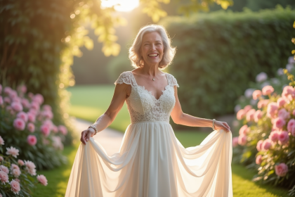 Femme de 70 ans en robe blanche dans un jardin ensoleille