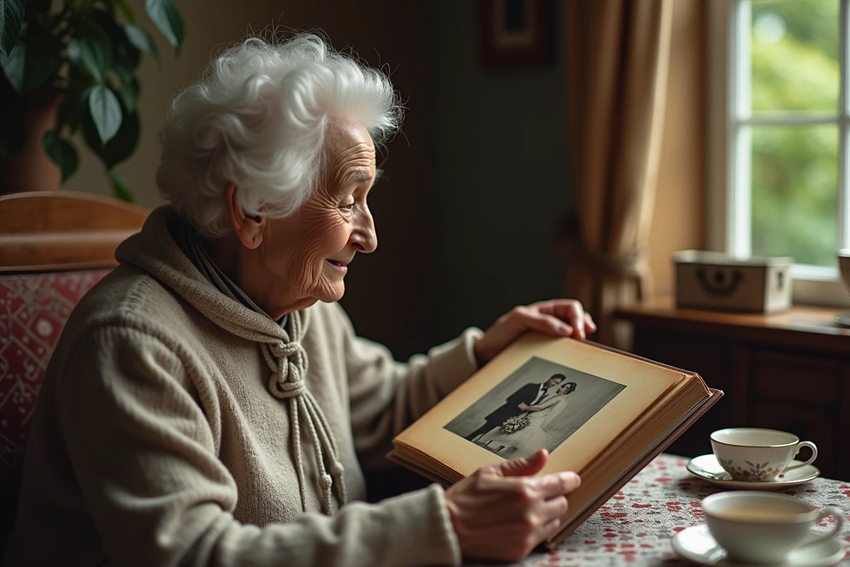 Femme âgée regardant un album photo nostalgique