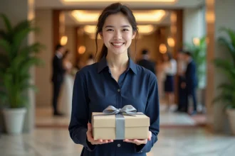 Jeune femme souriante tenant un cadeau de mariage élégant