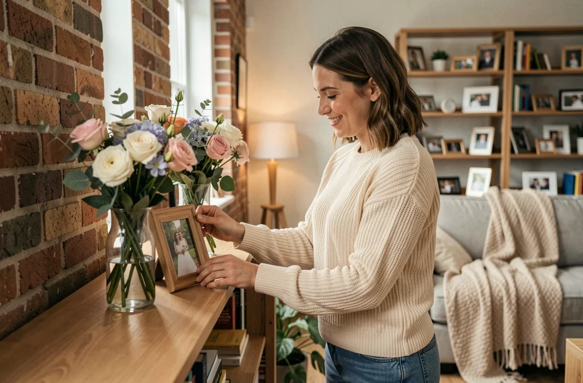 Femme arrangeant des fleurs et une photo de mariage sur une étagère pour célébrer les deux mois de mariage