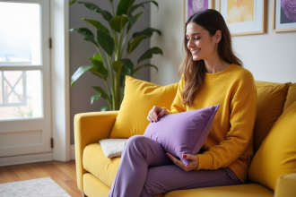 Femme souriante arrangeant des coussins violet et jaune dans un salon lumineux