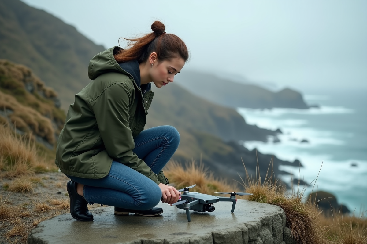 Jeune femme avec drone sur une falaise rocheuse
