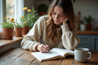 Jeune femme écrivant une note d'amour dans une cuisine chaleureuse