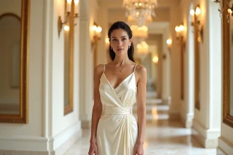 Femme élégante en robe ivoire dans un couloir de manoir luxueux, symbolisant l'influence et l'ambition d'une figure de l'empire Kardashian