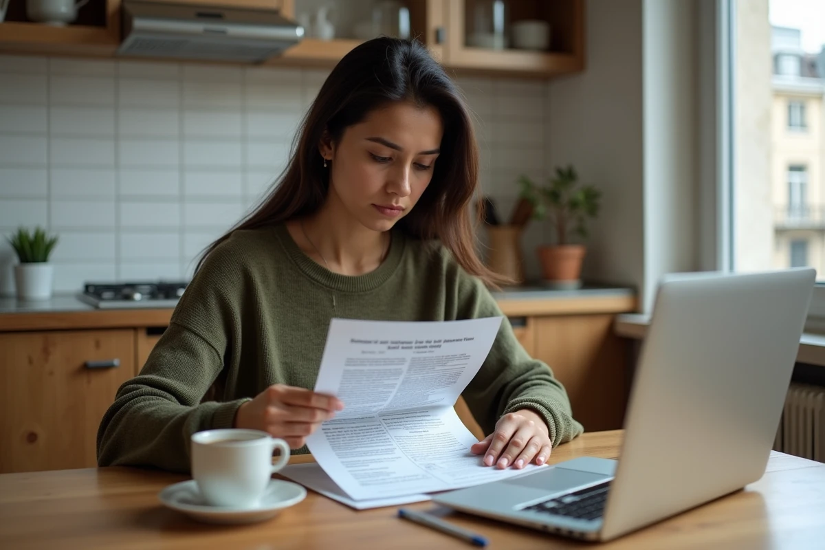 Femme étrangère lisant des documents administratifs pour un mariage en France dans un appartement parisien