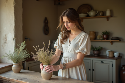 Jeune femme arrangeant des fleurs dans une maison rurale