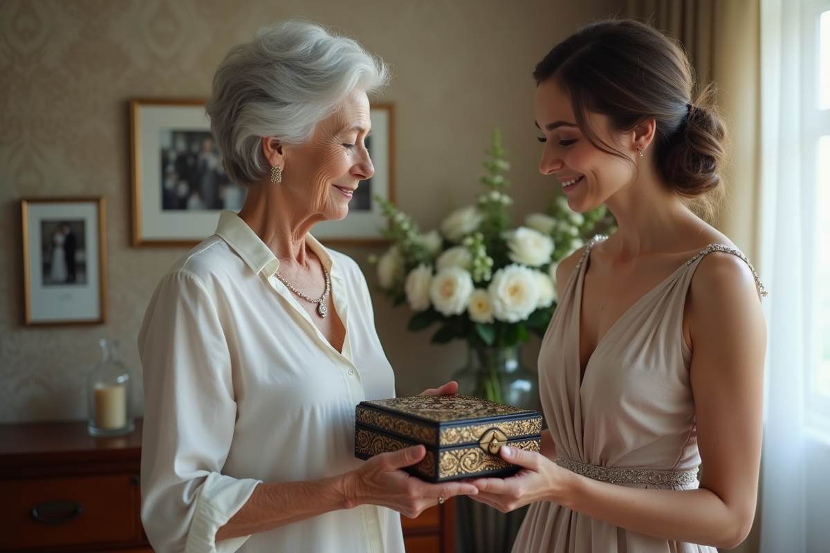 Femme âgée offrant un coffret précieux à la mariée dans un salon