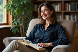 Femme assise dans un salon cosy avec livre et ambiance chaleureuse
