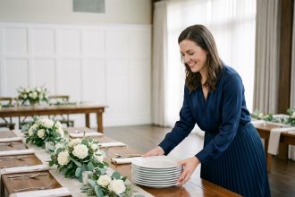 Femme souriante organisant la vaisselle en porcelaine