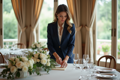 Femme en costume navy arrangeant des centres de table floraux