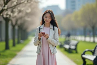 Femme dans un parc urbain au printemps regardant son smartphone