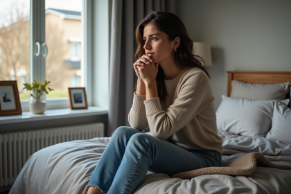 Femme pensive assise sur le lit dans une chambre chaleureuse