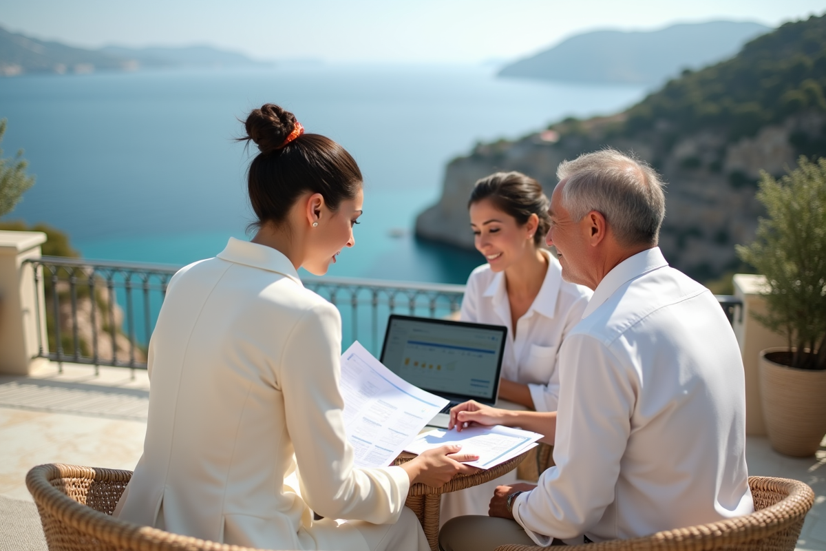 Jeune mariée en costume blanc avec ses parents sur une terrasse côtière