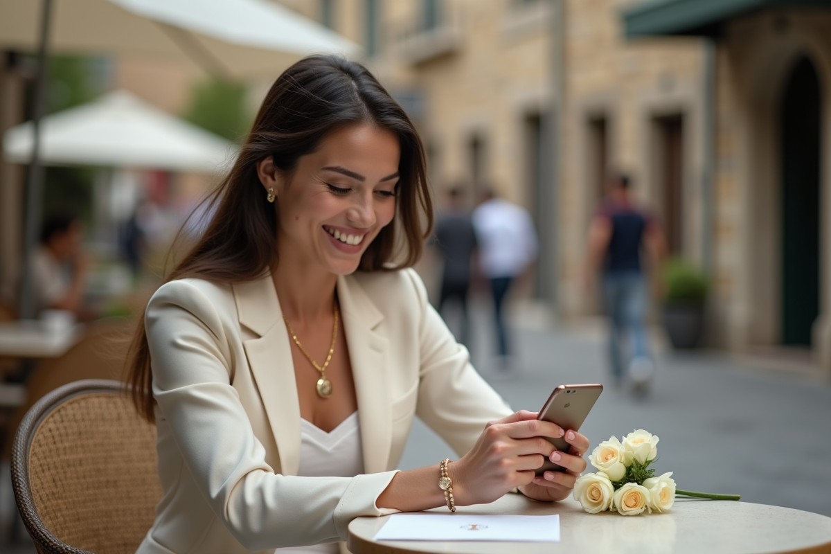 Femme en blazer écrivant annonce mariage au café