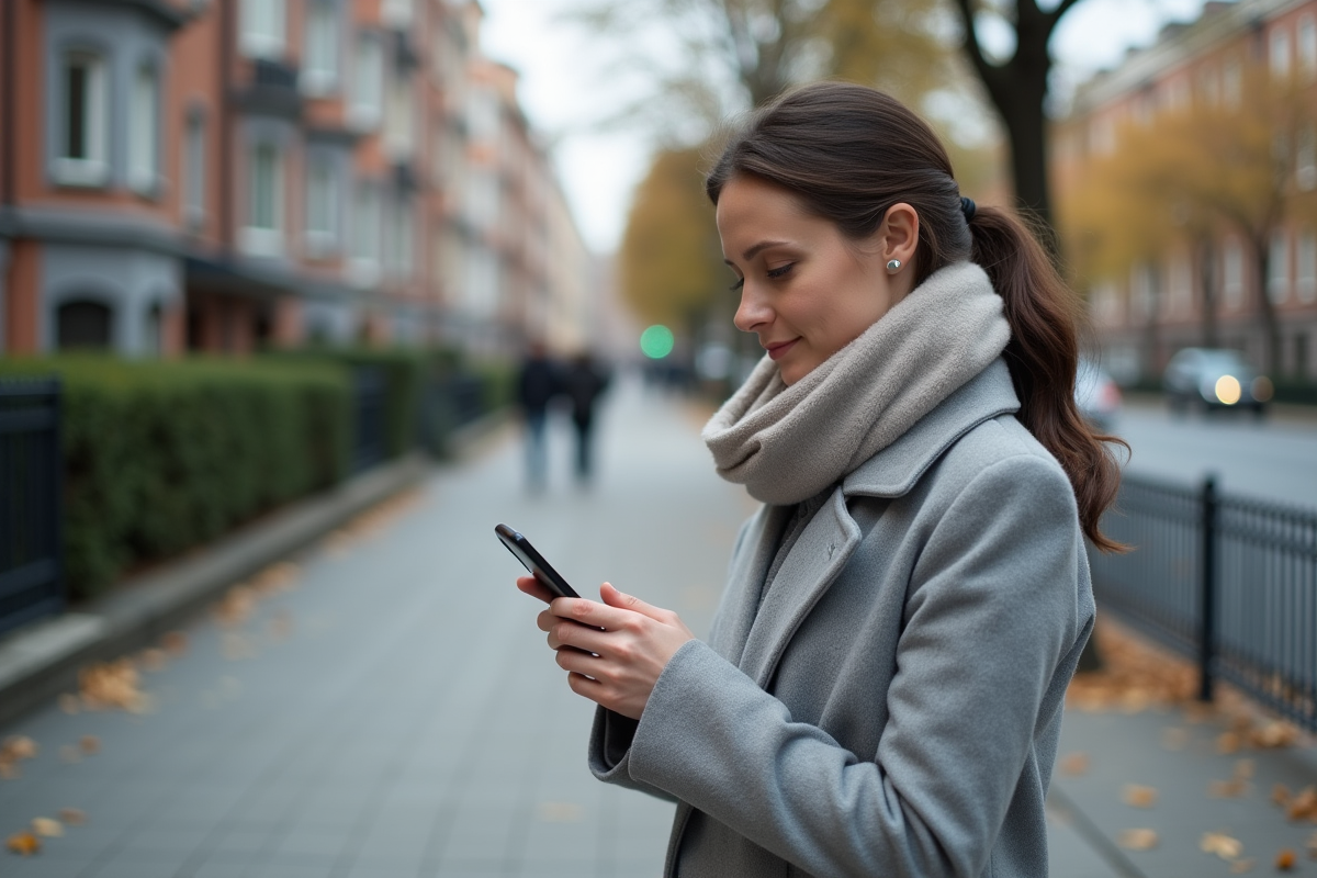Femme regardant son téléphone dans la rue en automne