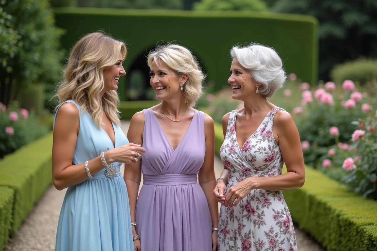 Trois femmes en robes élégantes dans un jardin fleuri
