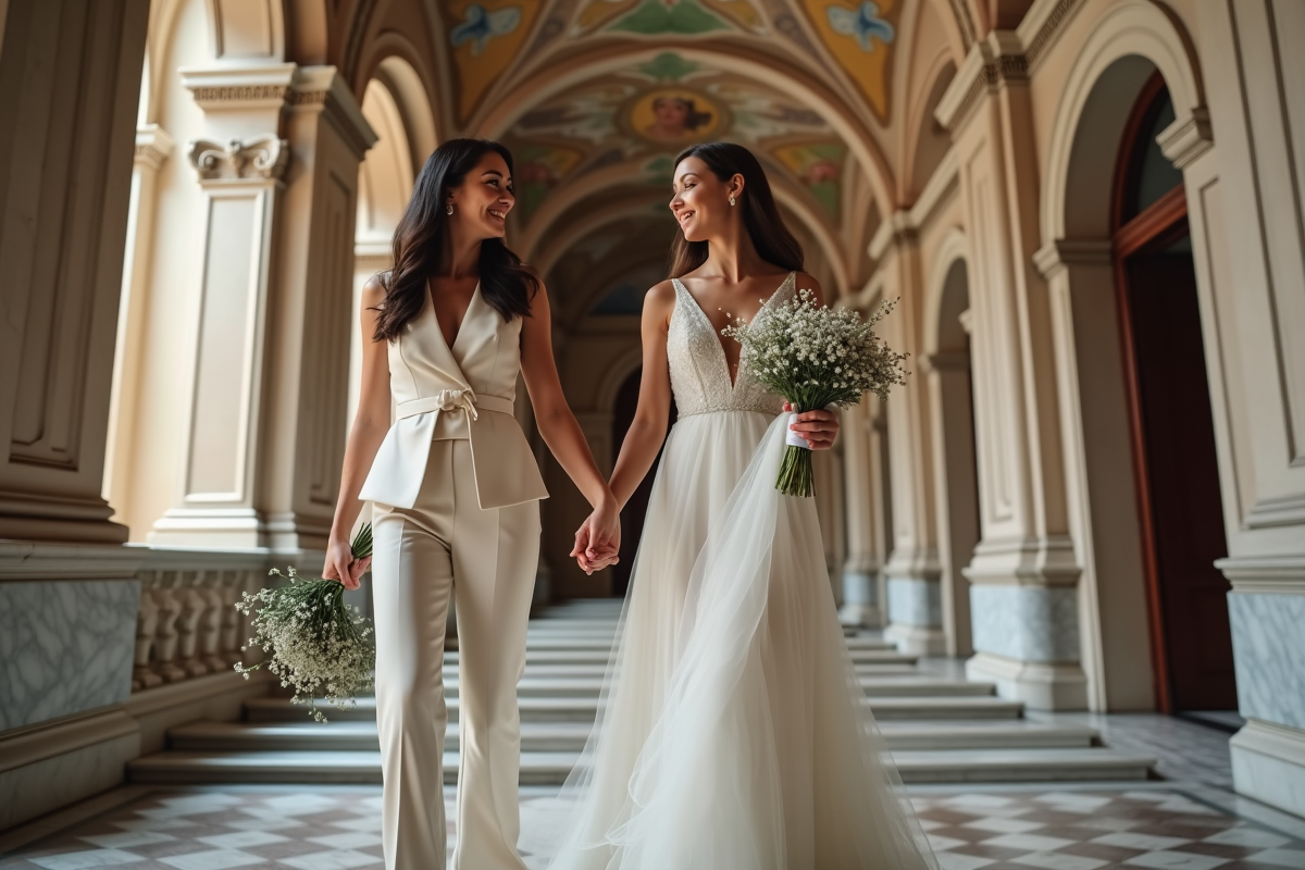 Deux femmes marchant dans un hall historique après mariage