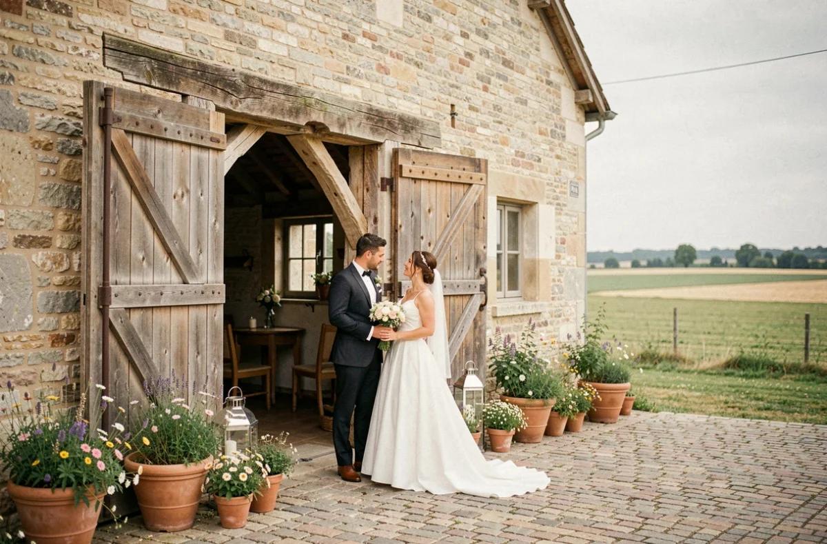 Ferme des Templiers dans le Nord, grange en pierre restaurée avec décoration florale champêtre pour un mariage