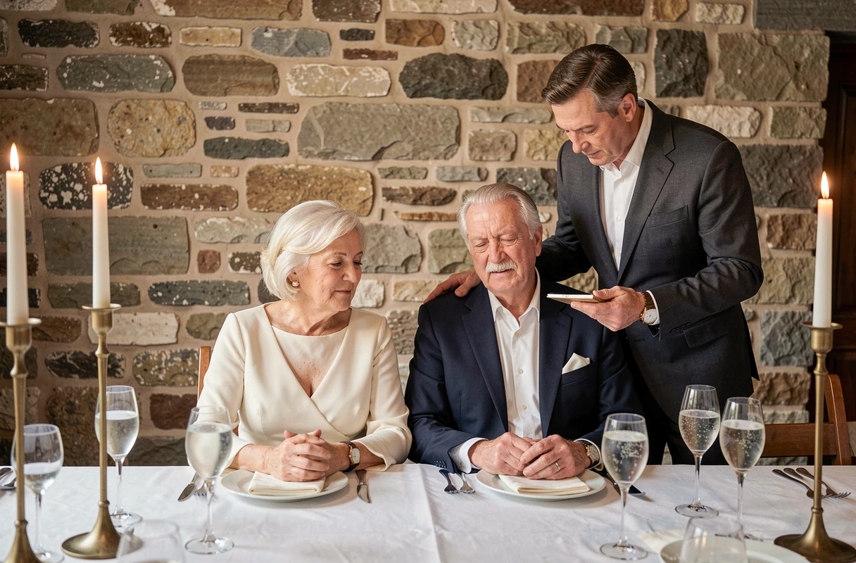 Fils adulte rendant hommage à ses parents lors d'un discours d'anniversaire de 50 ans de mariage dans une salle de réception en pierre