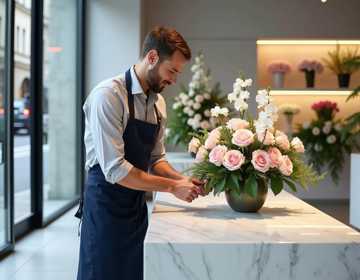 Fleuriste parisien composant une pièce maîtresse florale de mariage dans une boutique moderne avec vue sur un immeuble haussmannien