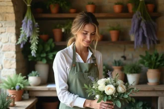 Fleuriste en province assemblant un bouquet de mariée en pivoines blanches dans une boutique au décor rustique en pierre