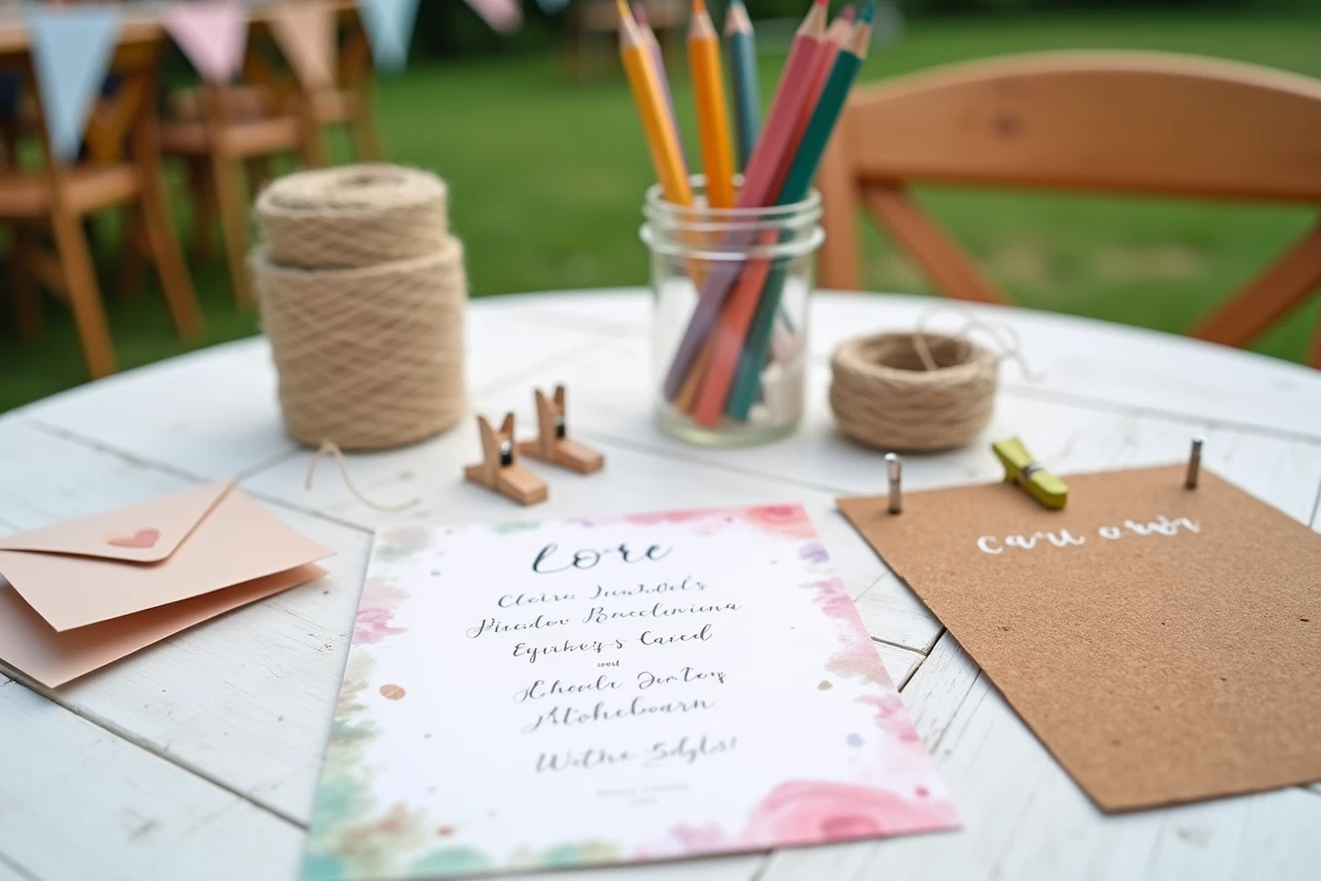 Flat-lay de fournitures artisanales pour jeux de mariés faits maison : cartes écrites à la main, crayons, ficelle et tableau de score en kraft