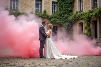 Couple de mariés entouré de fumigènes roses et blancs dans la cour d'un château rustique, rendu cinématographique