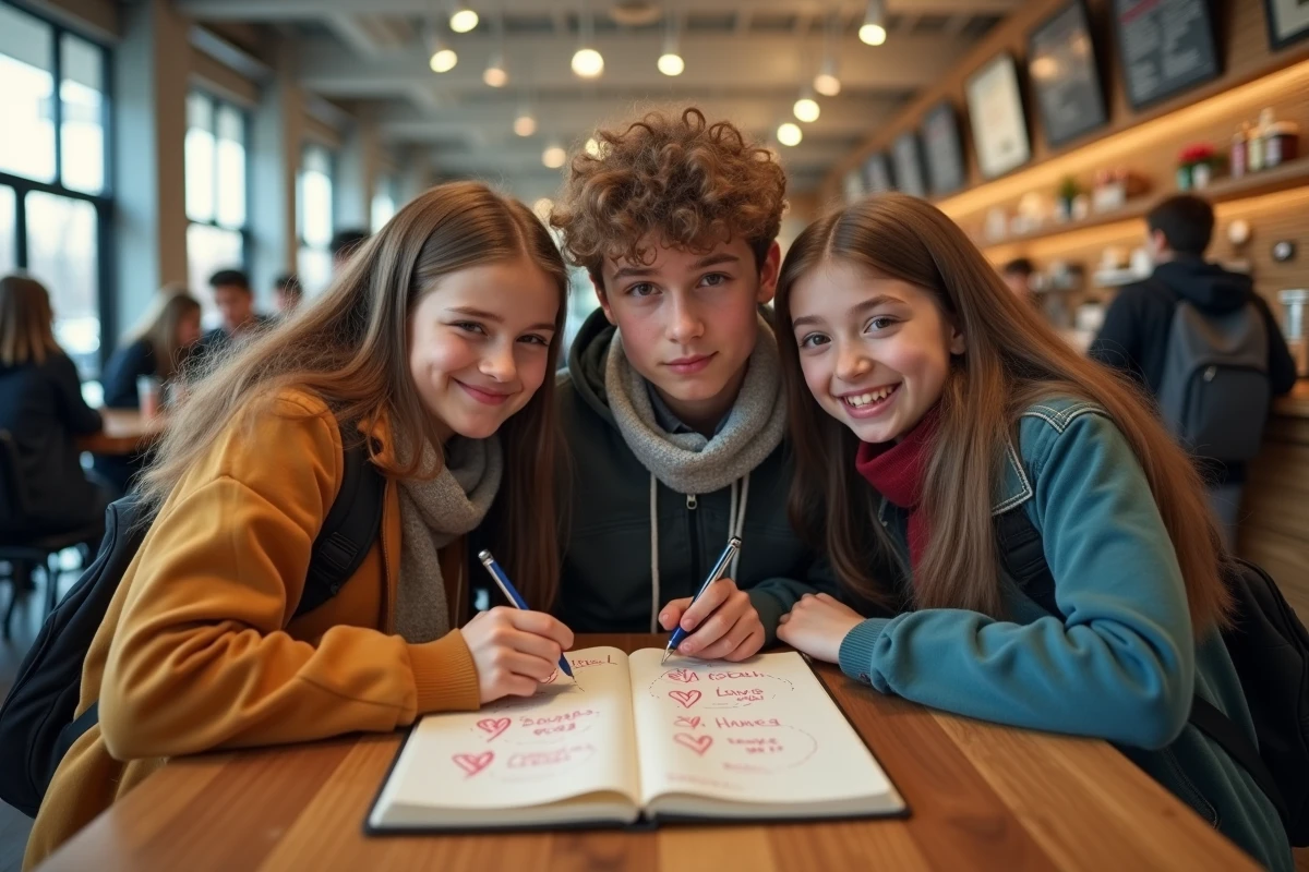 Groupe d'adolescents complices autour d'un cahier avec des prénoms et des cœurs dessinés pour un test de compatibilité amoureux