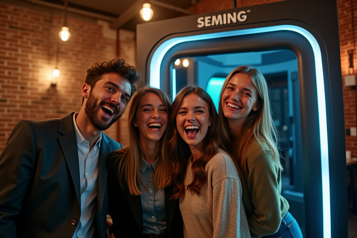Groupe d'amis souriants dans un photobooth moderne