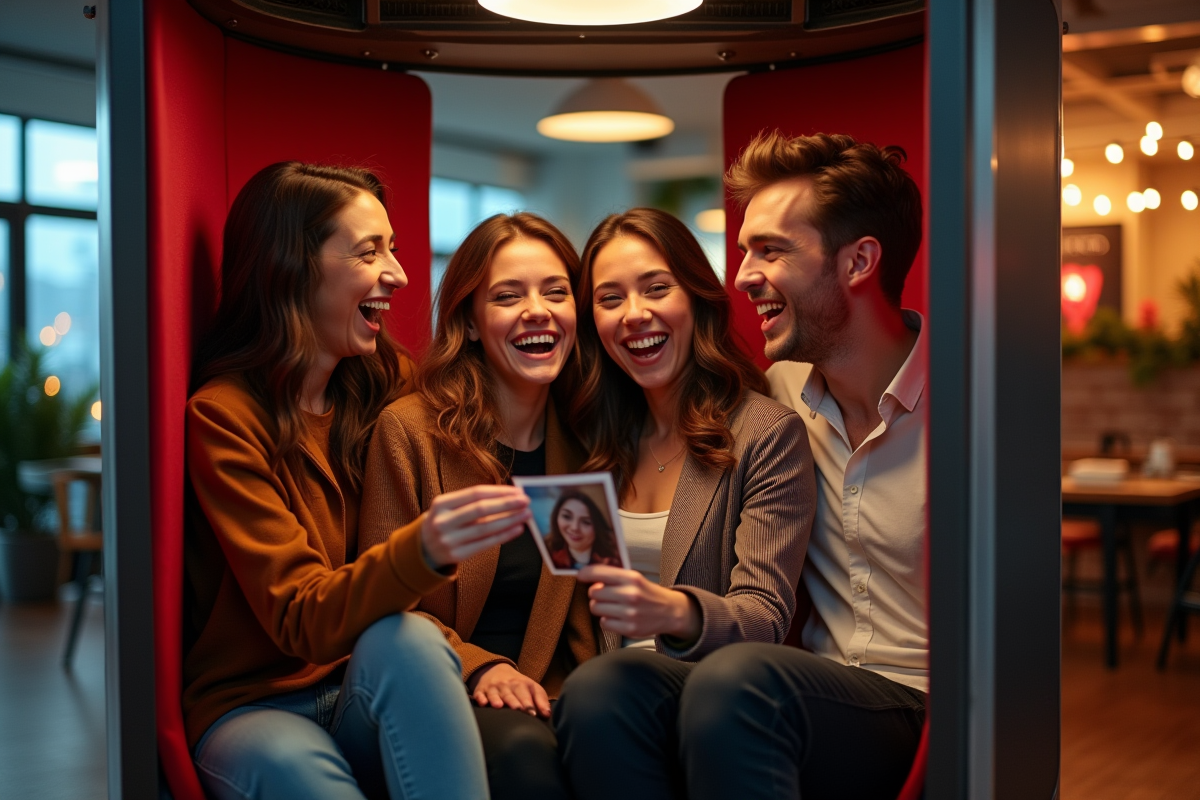 Groupe d'amis souriants dans un photobooth lors d'une fête