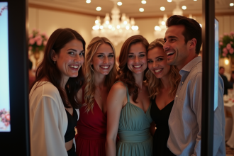 Groupe d'amis souriants dans un photobooth lors d'une soirée