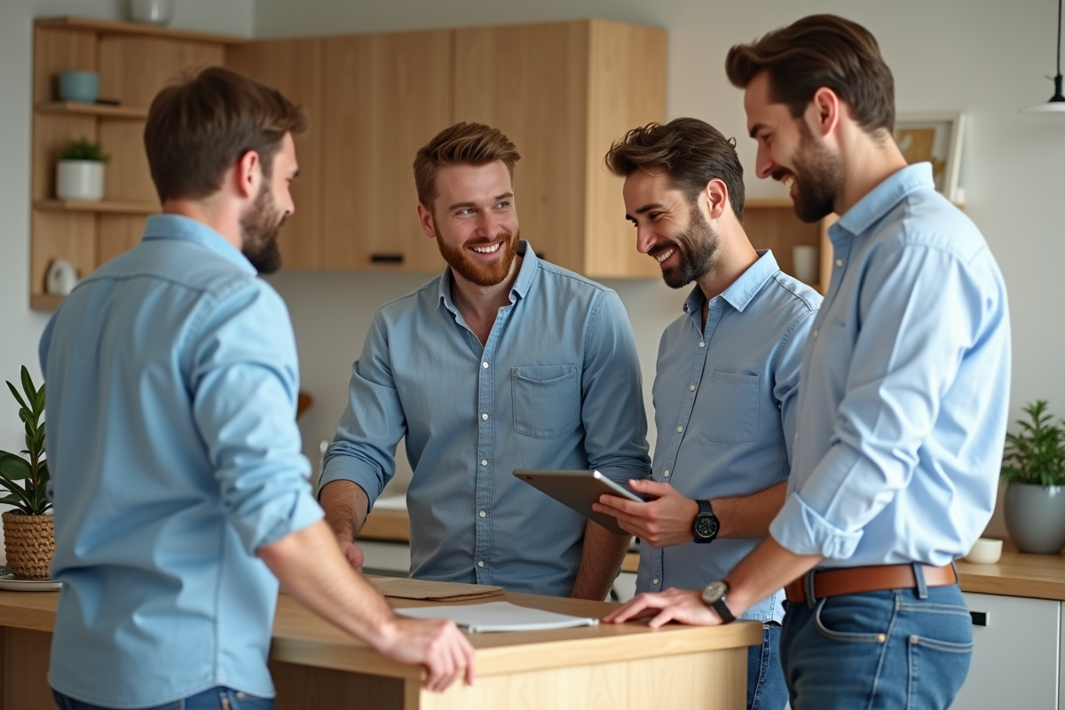 Groupe d'hommes en cuisine moderne discutant avec tablette