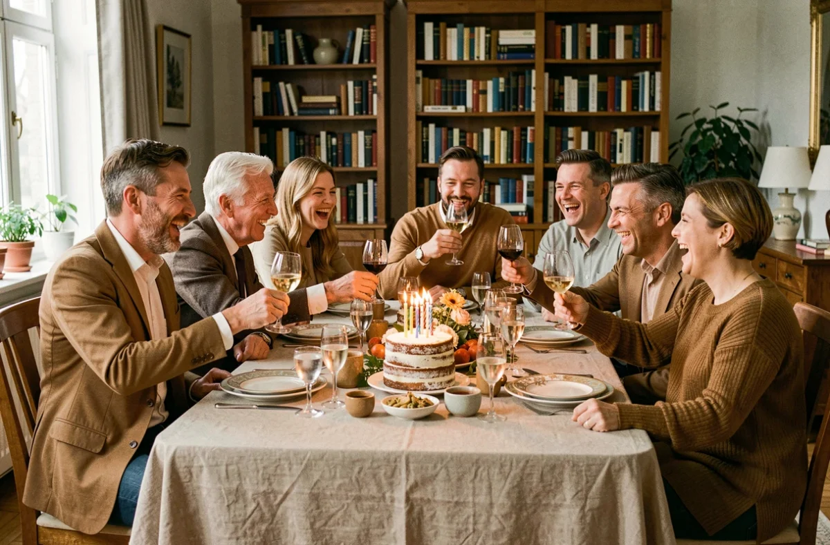 Groupe d'adultes joyeux autour d'un gâteau d'anniversaire dans une salle à manger élégante, illustrant un moment de fête authentique