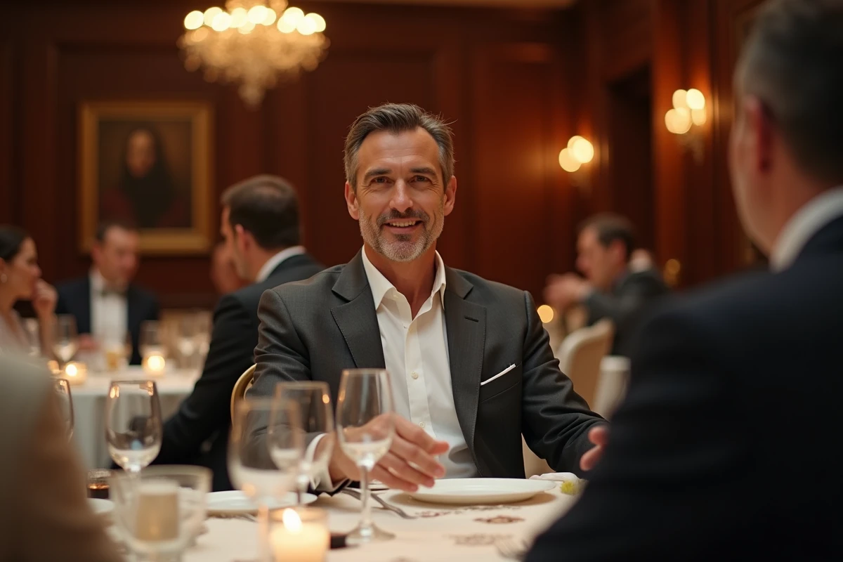 Homme en costume gris anthracite assis lors d'un dîner de gala élégant, ambiance feutrée avec boiseries et lumières de bougie