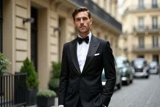 Homme élégant en costume de mariage loué devant une façade haussmannienne parisienne