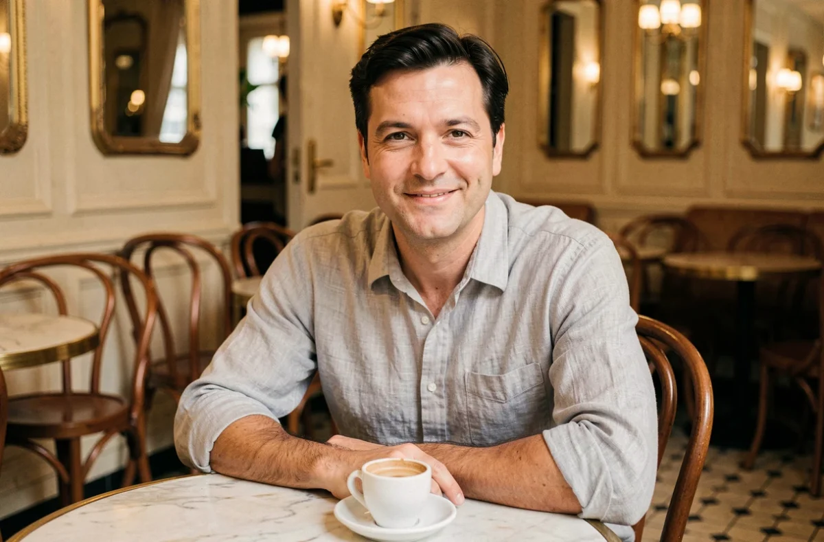 Homme décontracté attablé dans un café parisien avec un expresso, regard naturel et détendu, ambiance bistrot authentique