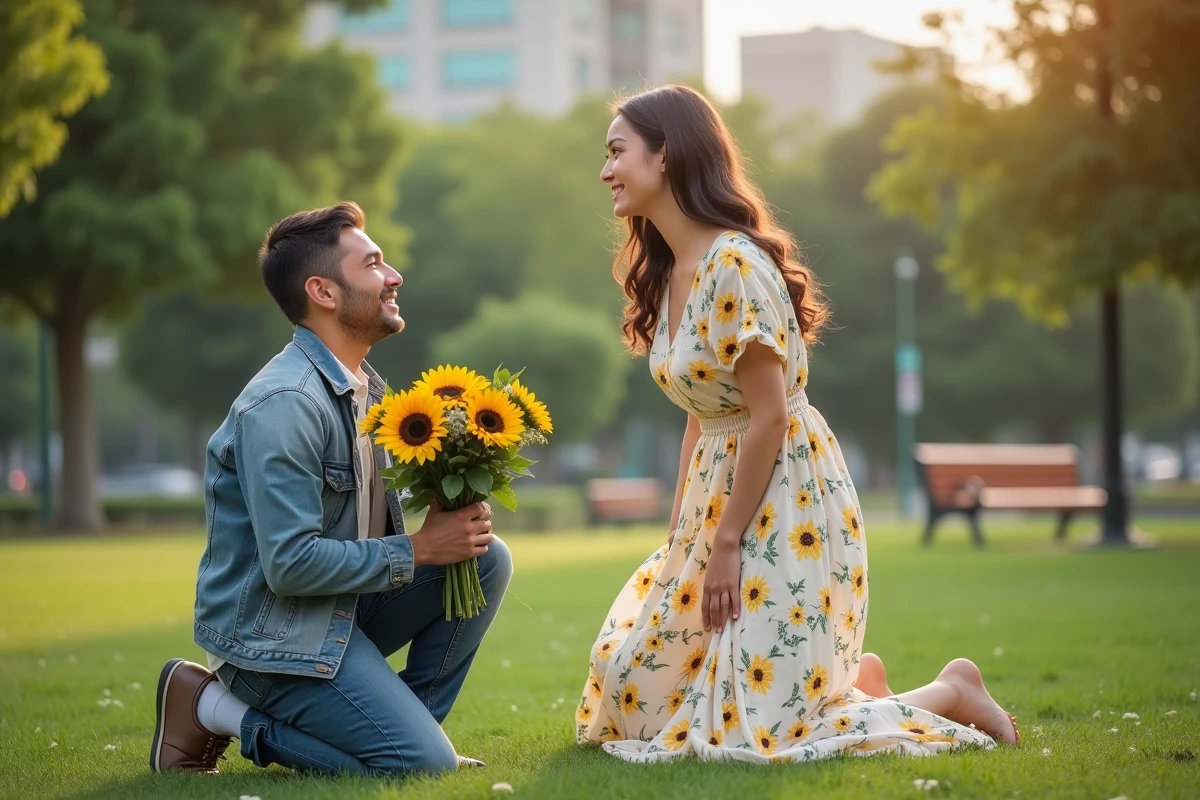 Homme avec bouquet de tournesols dans un parc urbain
