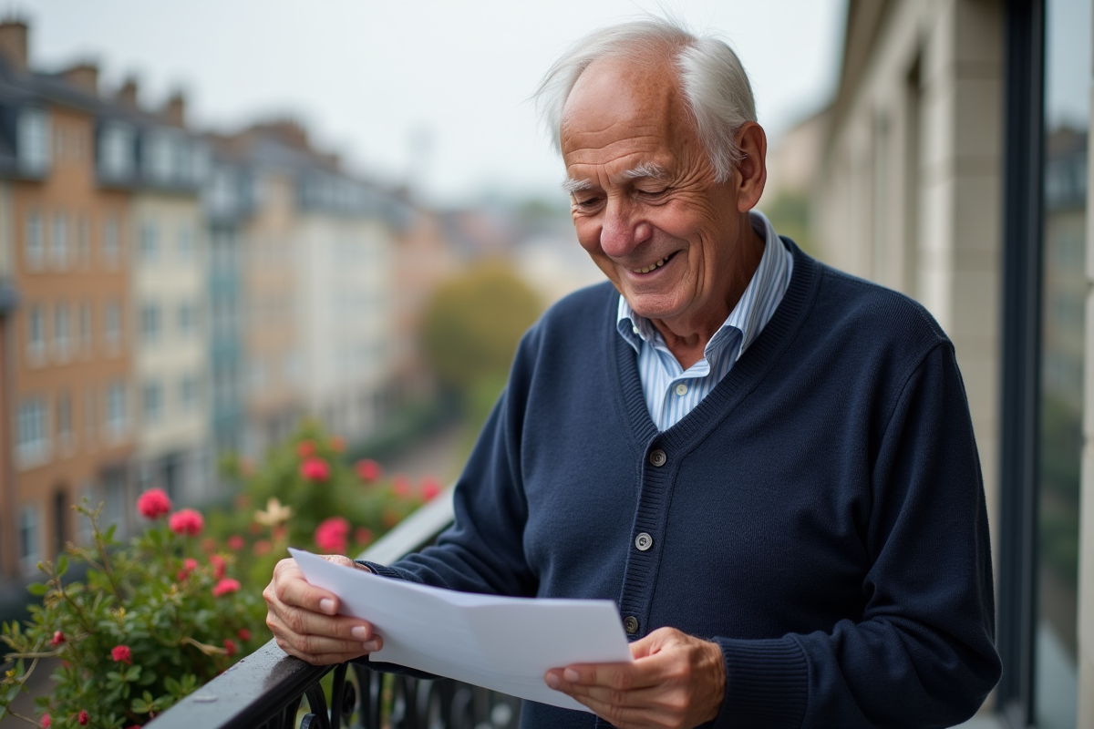 Homme âgé lisant une lettre sur un balcon urbain