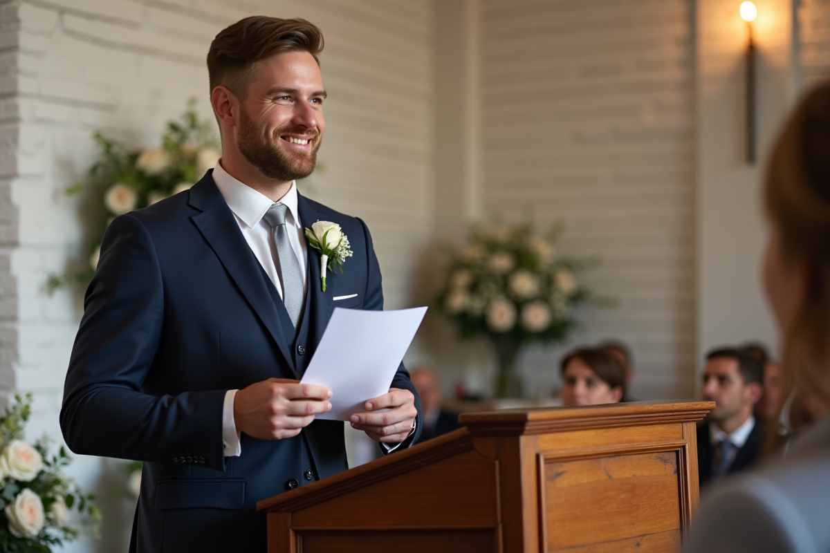 Homme en costume navy lors d'un mariage en intérieur