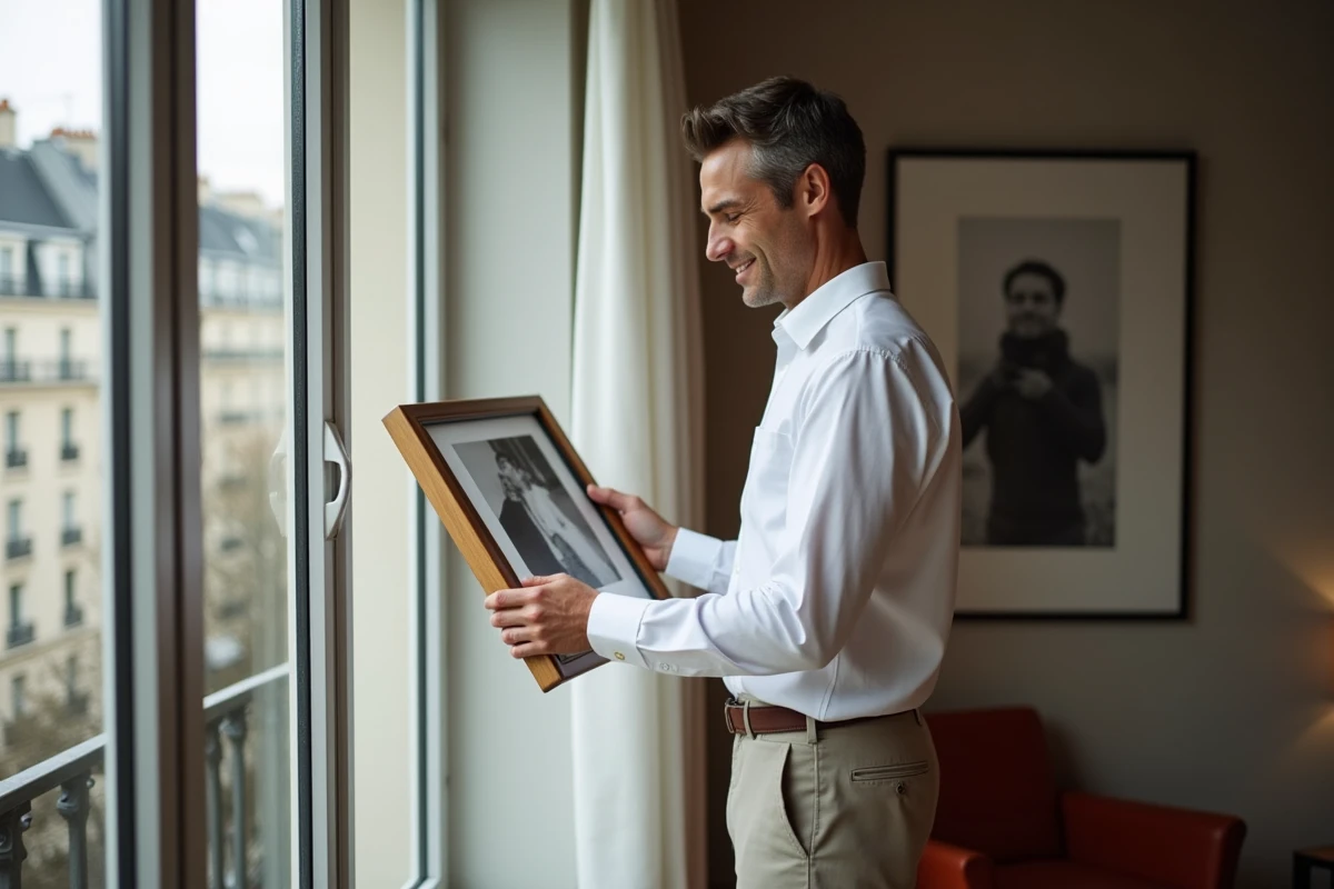 Homme regardant une photo dans un appartement moderne à Paris
