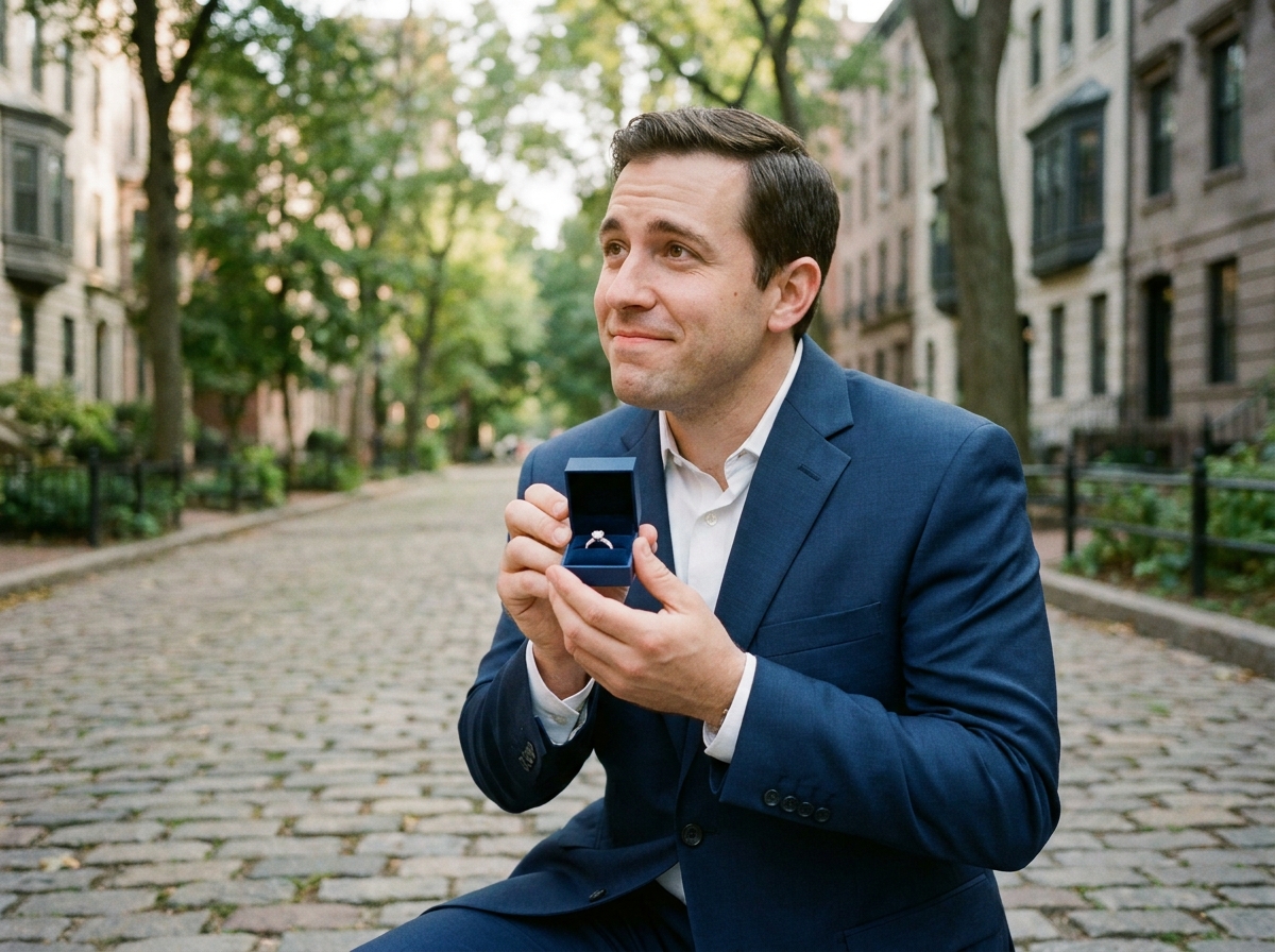 Homme en costume propose un anneau dans un parc urbain