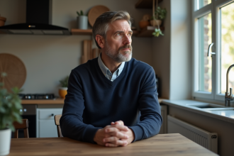Homme pensif assis à la cuisine dans un intérieur moderne