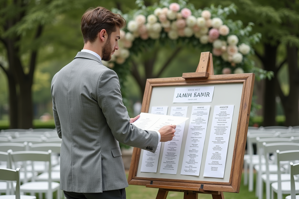 Homme vérifiant un plan de table dans un jardin élégant
