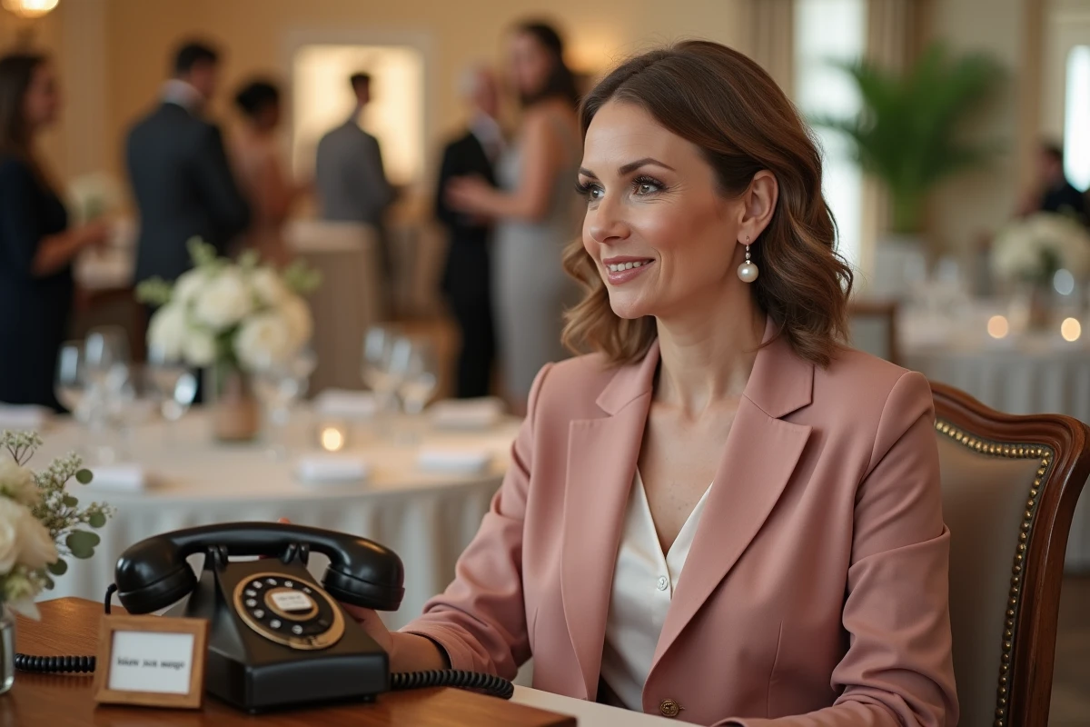 Invitée de mariage laissant un message vocal sur un livre d'or audio avec téléphone vintage