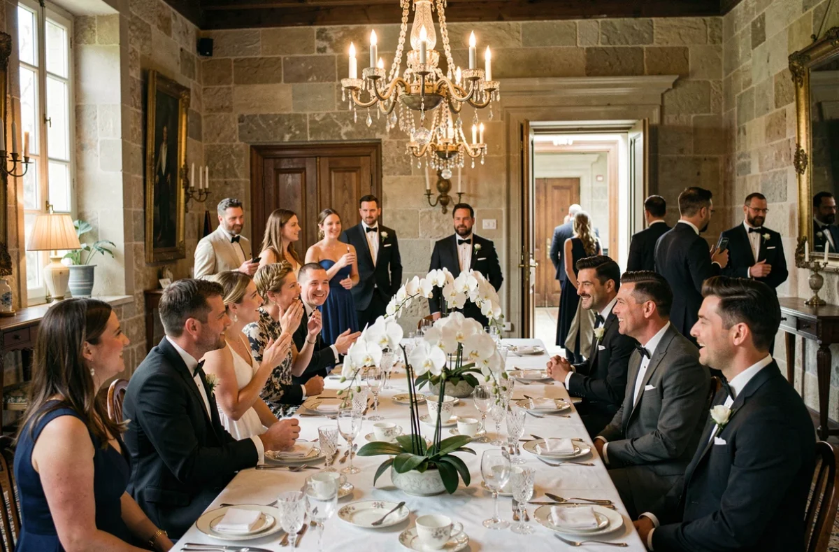 Invités en tenue formelle réunis autour d'une table de réception dans un château français, évoquant les rumeurs et spéculations entourant un mariage people
