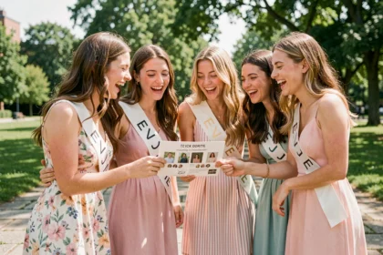 Groupe de jeunes femmes en tenue EVJF tenant une fiche de jeu à imprimer lors d'un enterrement de vie de jeune fille en plein air dans un parc