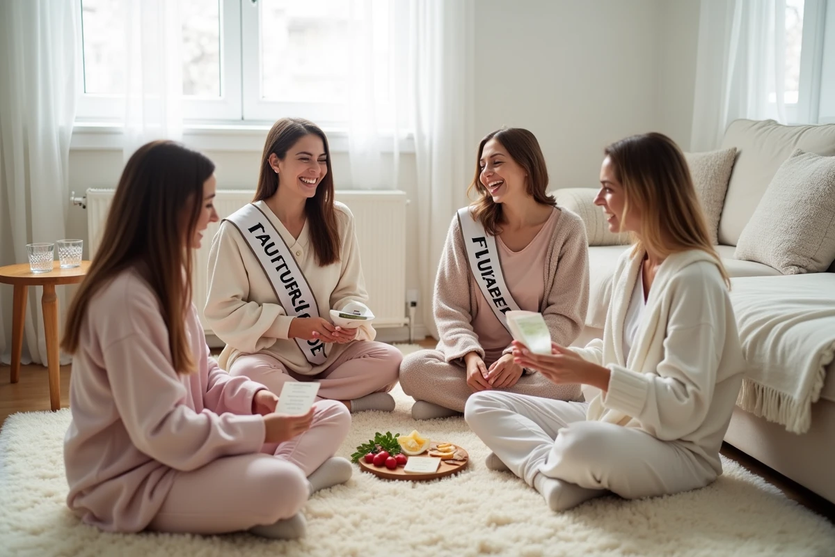 Amies jouant à un jeu de questions pour un EVJF zéro malaise dans un salon cosy