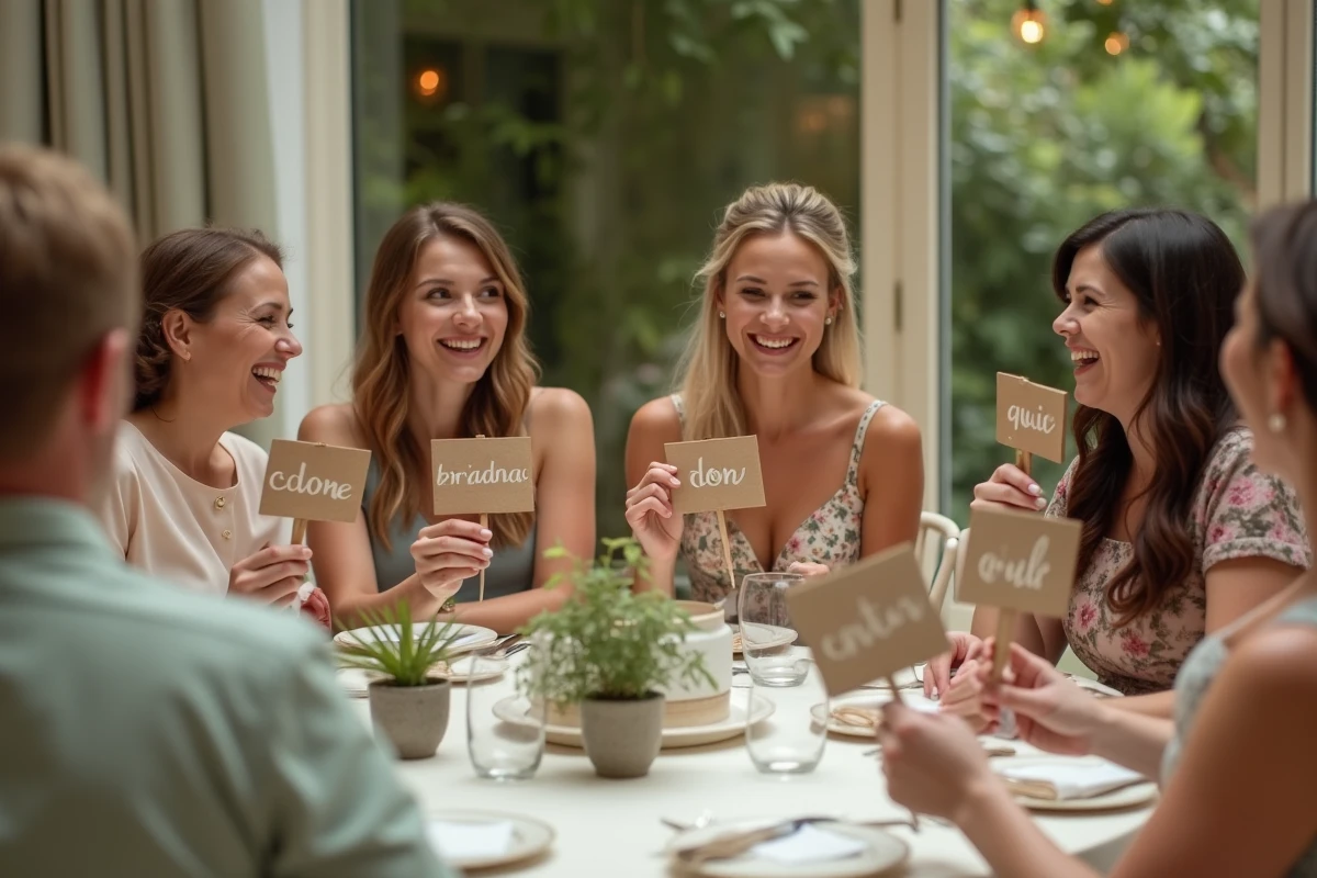 Invités de mariage tenant des pancartes DIY lors d'un jeu de quiz animé par une demoiselle d'honneur dans une salle de réception élégante