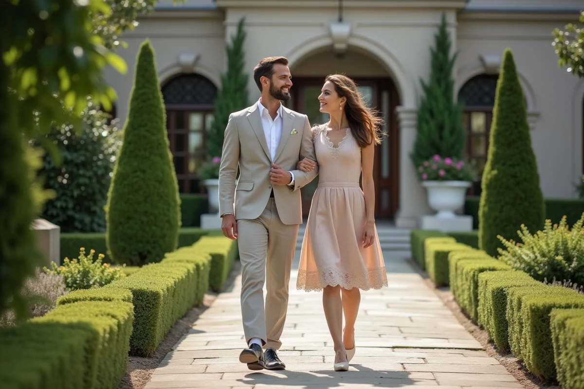 Jeune couple en tenue chic dans un jardin moderne